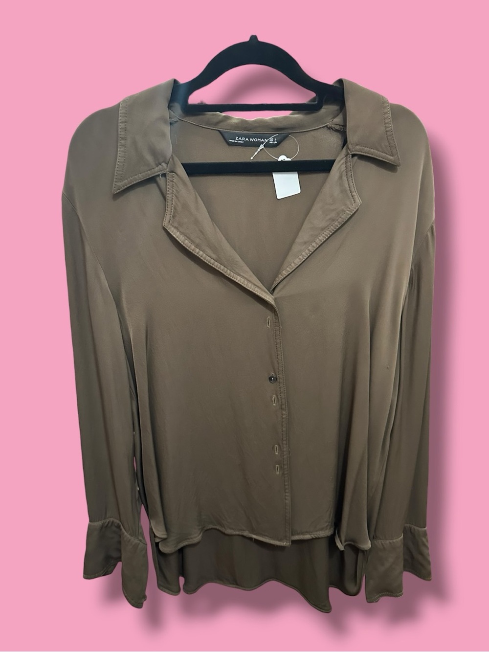 Zara Olive Button-Front Relaxed Long Sleeve Shirt